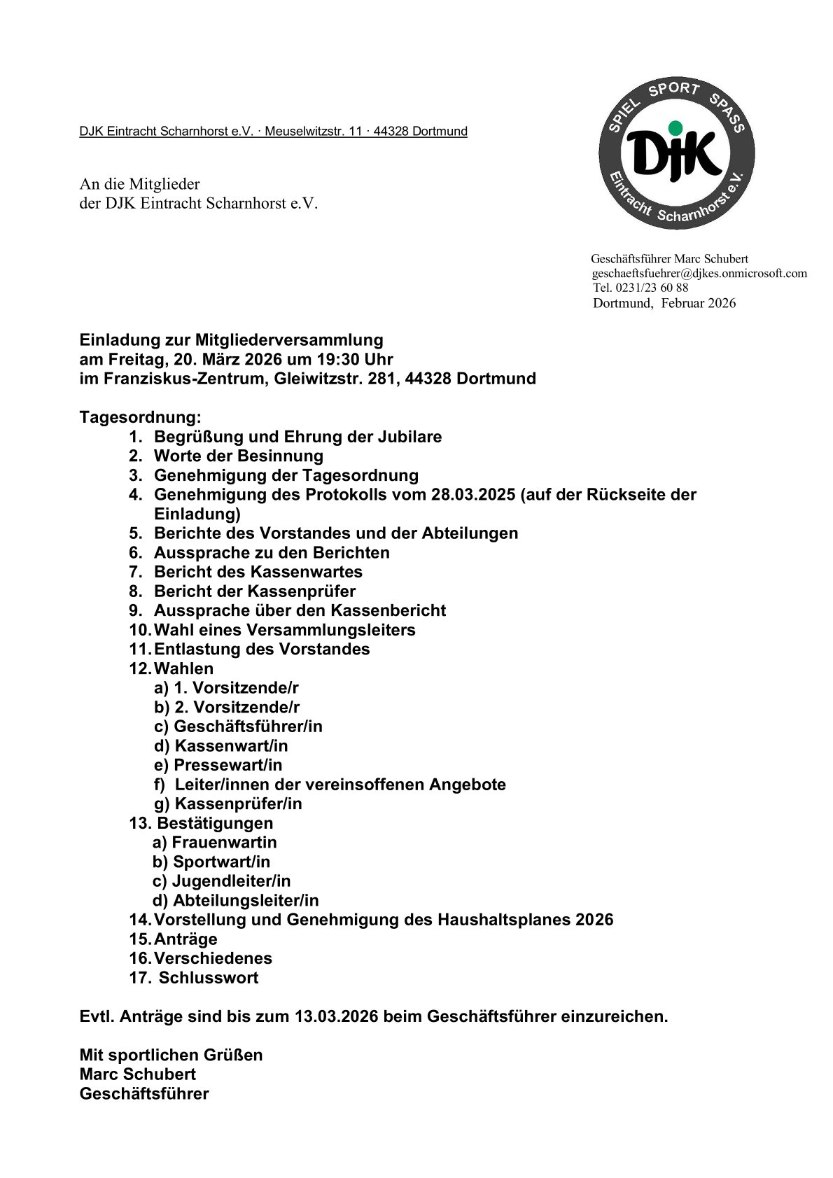 Einladung zur Mitgliederversammlung am 20. März 2026